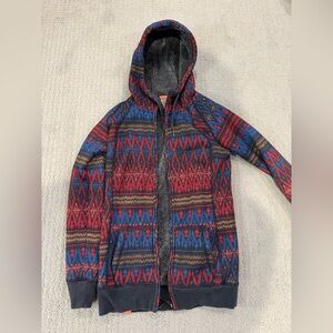 Roxy Hooded Zip Jacket in Red, Blue, Black Pattern